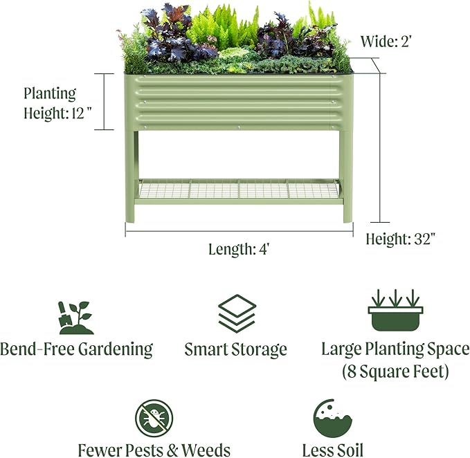 Elevated Raised Garden Bed-V Series, 2' x 4' Garden Beds with Legs & Storage Rack for Patio Porch, 700 Lbs Weight Capacity, Outdoor Planter Boxes for Gardening Herbs Vegetables Flowers, Olive Green VegoGarden