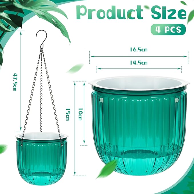 Meanplan 4 Pcs Self Watering Hanging Planter Indoor 6.5 Inch Hanging Baskets for Plants Outdoor Plastic Flower Pot with 3 Hooks Chains Drainage Holes for Garden Home, Medium Size(Emerald) Meanplan
