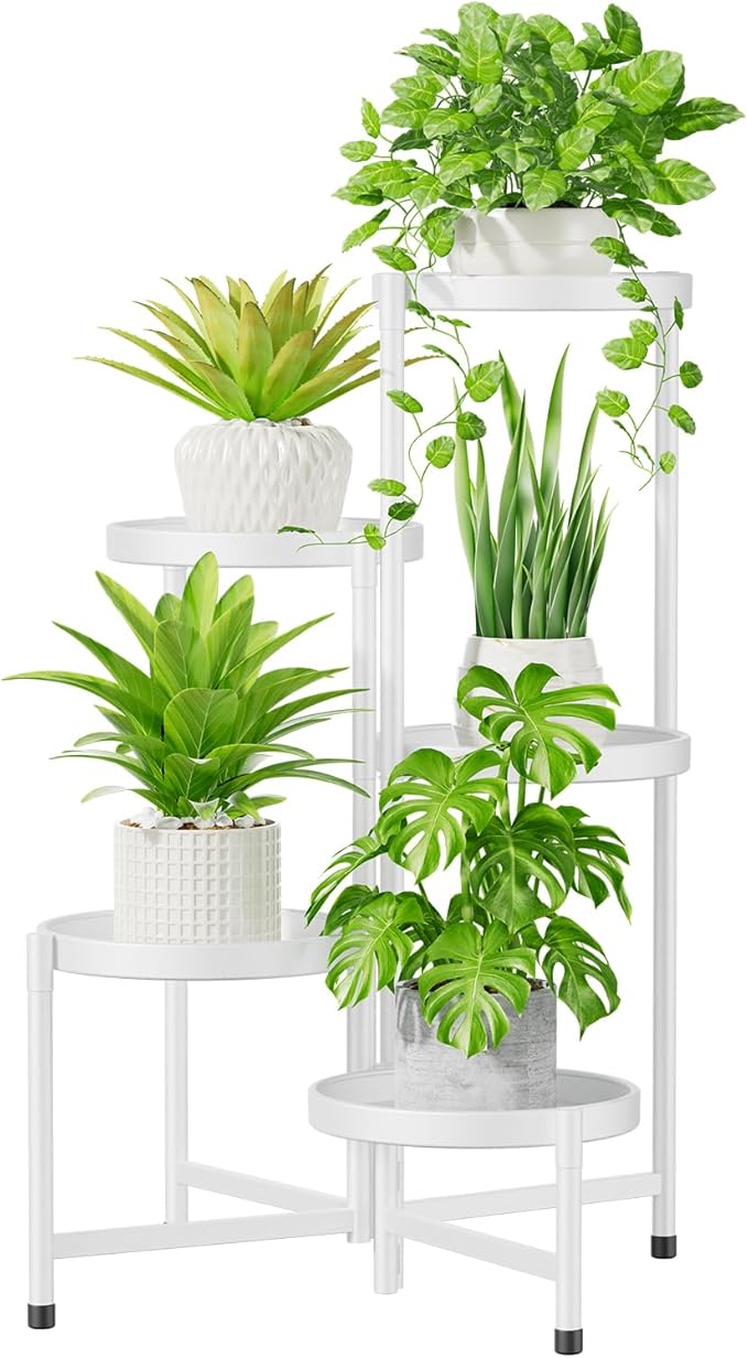 iDavosic.ly 5 Tier Large Plant Stand Indoor with 10 Inch Wide Tray, Tiered Corner Metal Outdoor Flower Display Holder Shelf, Folding Tall Rack for Patio Porch Living Room, White iDavosicly
