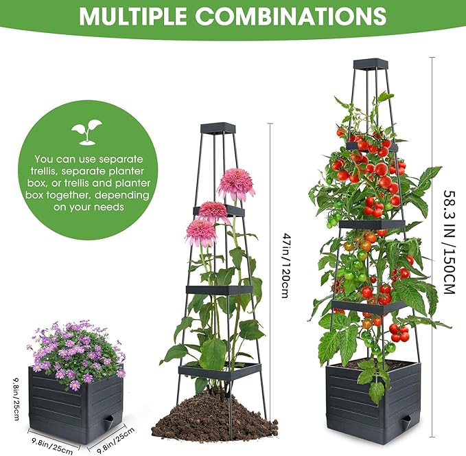 Raised Garden Bed 4 Packs, Planter Boxes with Trellis 58.3'' Tomato Planters for Climbing Vine Vegetables Flowers Plants Self Watering Tomatoes Cage for Outdoor Patio Greenhouse MYMULIKEHOME