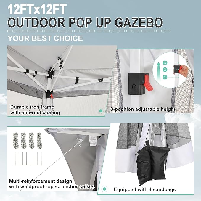 COBIZI 12x12 Pop up Gazebo on Clearance with Mosquito Netting, carpas para Patio Deals, Outdoor Canopy Tent with Portable Carrying Bag, Patio Gazebo for Garden Backyard & Lawn & Beach, Grey COBIZI