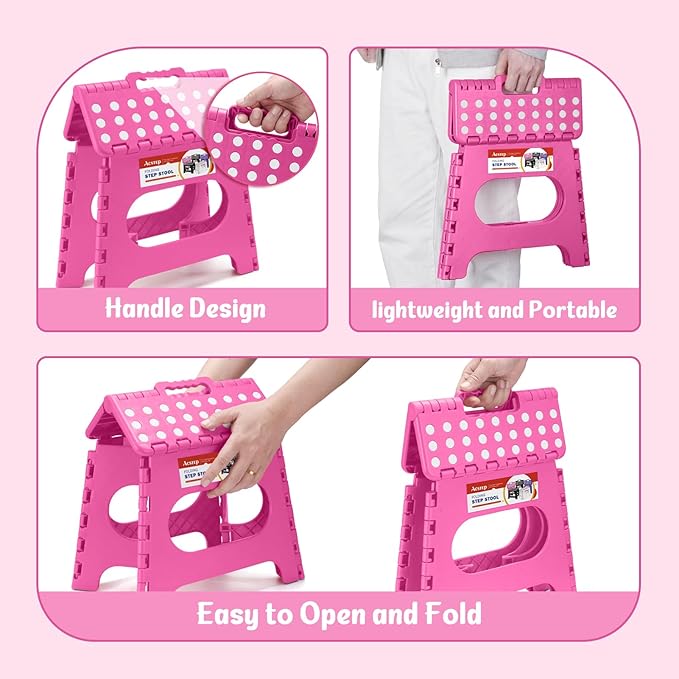 ACSTEP Folding Step Stool 11 Inch, Sturdy Plastic Foldable Step Stool for Kids & Adults, Non Slip Lightweight Collapsible Foot Stools Holds 300 lbs, Ideal for Kitchen, Bathroom, Bedroom, Rose red ACSTEP