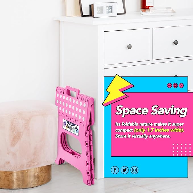 Delxo Folding Step Stool,11 Inch Non-Slip Foldable Step Stools for Kids and Adult,Portable Lightweight Small Folding Stool with Handle for Kitchen Bathroom in Pink,1 Pack Delxo