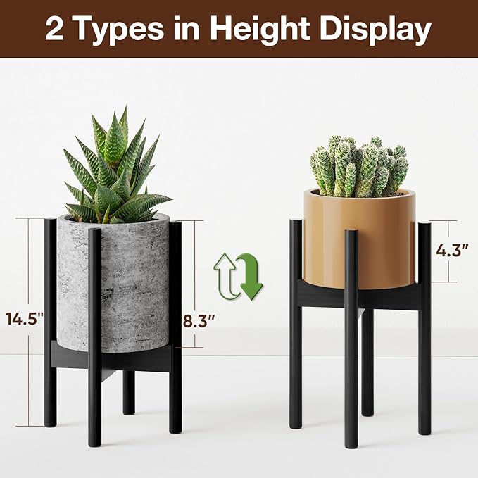 MUDEELA Plant Stand for Indoor Plants: Adjustable Width Fits 8-12 Inch Pots - Mid-century Modern Bamboo Plant Stand - 14.5 Inch Single Tier Small Floor Plant Holder, Black, 2 Pack (Without Pot) MUDEELA