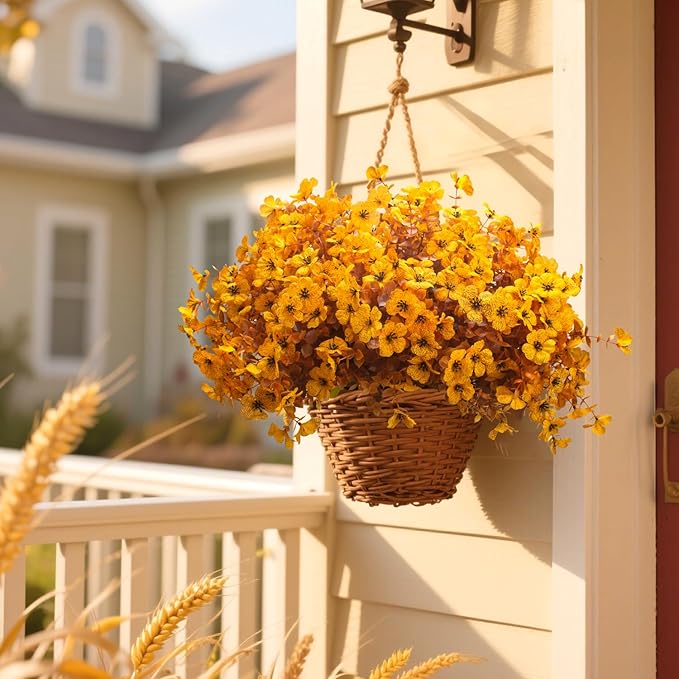16 Bundles Artificial Fall Mums Outdoor UV Resistant, Fake Silk Plants No Fade Faux Greenery for Garden Porch Patio - Autumn Thanksgiving Christmas Home Decor (Fall Yellow) Grunyia