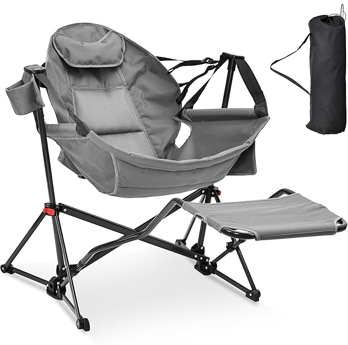 Ainfox Hammock Camping Chair with Footrest, Foldable Portable Rocking Chairs for Adults Outside Swinging Camp with Cup Holder Pillow for Outdoor Patio Poolside (Dark Grey) Ainfox