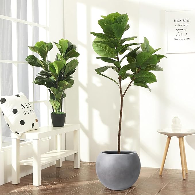 13.5 H x 17" Dia (12" Pot Opening) Round Fiberstone Planter with Drainage Hole, Gray, Indoor/Outdoor Large Plant Pot for Home Patio Garden, Ideal for Large Plants Panlaolao