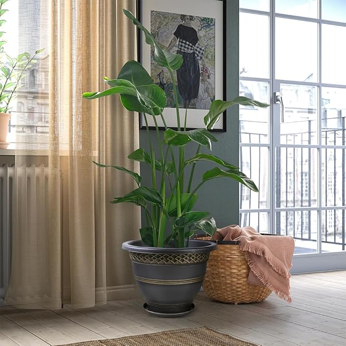 6 Pack 8 Inch Plant Pots, Plastic Flower Pot for Indoor & Outdoor with Drainage Holes & Saucer, Plaid Pattern Planters Garden Pots for Herbs Usocik