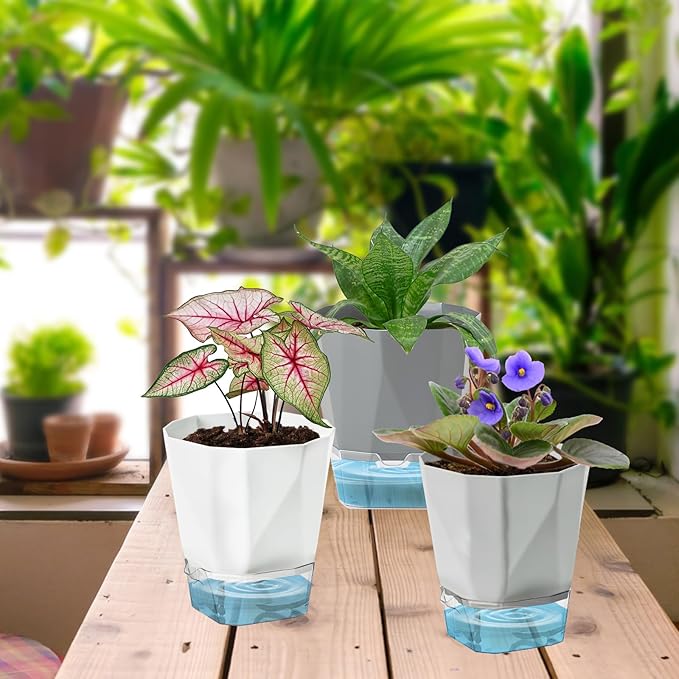 3 Pack Self Watering Planter Pots, 4.9 Inch African Violet Pots for Indoor Outdoor Windowsill Gardens, Plant Pot with Wick Rope and Reservoir Samhe