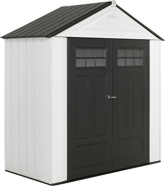 Rubbermaid Resin Outdoor Storage Shed With Floor (7 x 3.5 Ft) Weather Resistant, White, Organization for Home/Backyard/Garden Tools/Lawn Mower/Bike Storage/Pool Supplies Rubbermaid