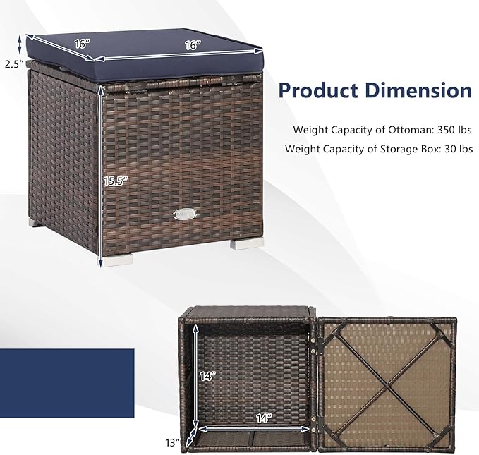 Tangkula 2 Pieces Patio Ottomans, Patiojoy Hand-Woven PE Rattan Side Table with Removable Cushion & Hidden Storage Space, Multifunctional Storage Box, Seat for Patio, Backyard, Poolside (Navy) TANGKULA