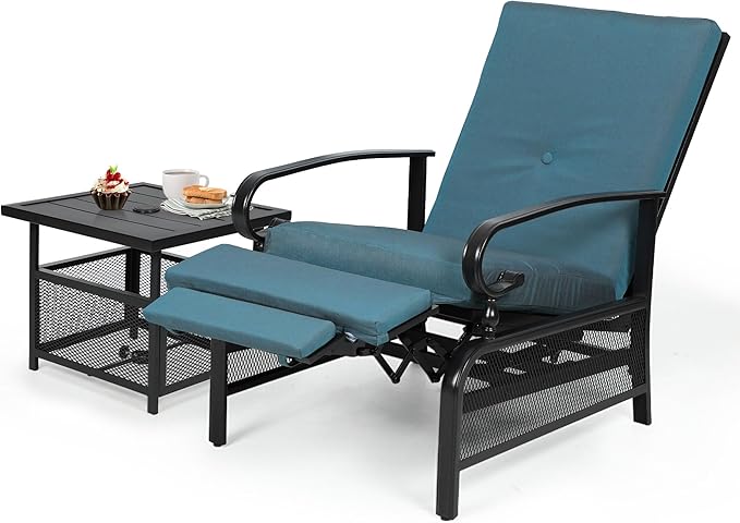 Oakcloud Adjustable Outdoor Lounge Chair Metal Patio Relaxing Recliner Chair Set with Bistro Table and Removable Cushions(Peacock Blue) OckcloudPatioFurniture