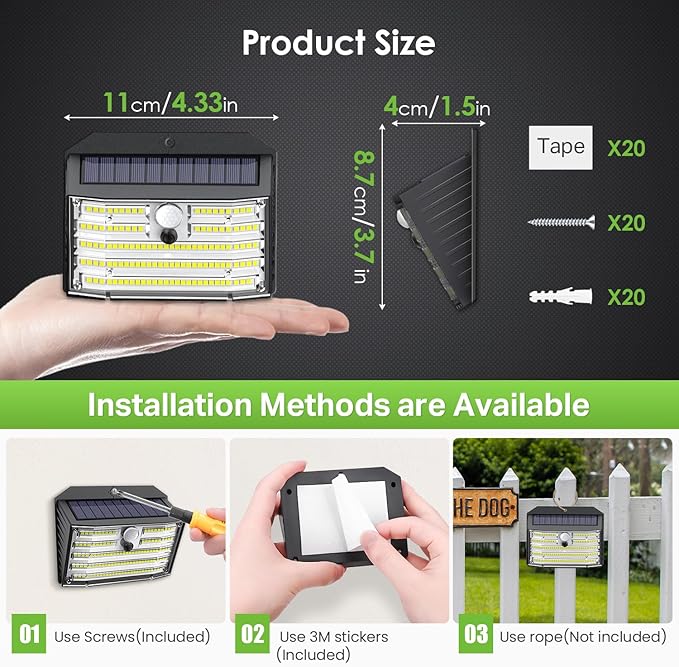 [20 Packs] Solar Motion Lights Outdoor, Ultra Bright Solar Fence Lights with Motion Sensor, IP65 Waterproof Security Light 3 Modes, 270° Lighting Angle, Wall Lights for Deck Patio Fence Garage Door Claoner