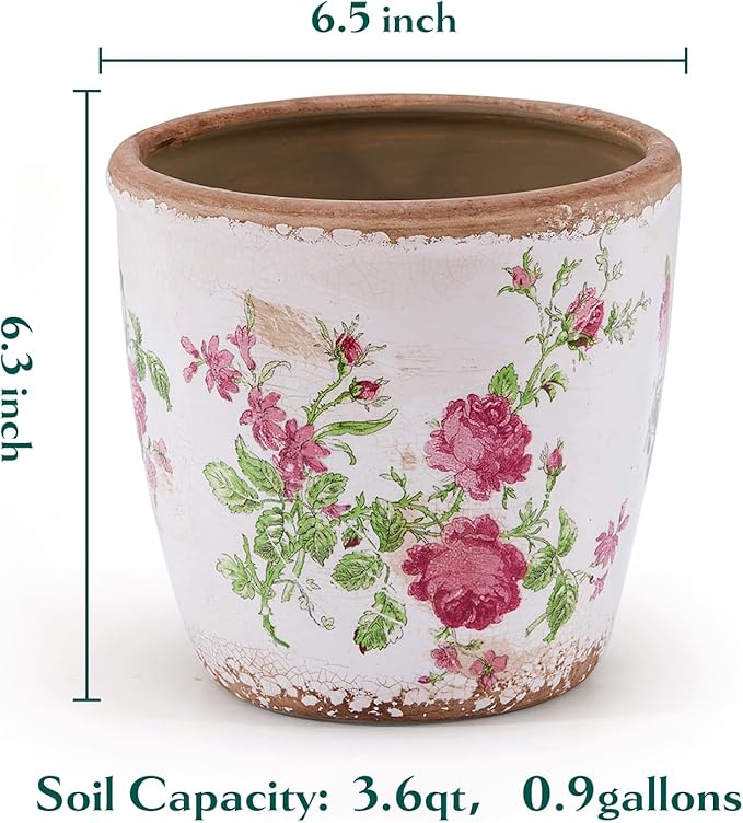 Vintage Ceramic Planter with Drainage Hole, Plastic Tray & Mesh, 6.5 Inch - Indoor/Outdoor Flower Pot, Pink Floral Rustic Farmhouse Design Plant pot for Home, Office & Garden Décor, Ideal Gift TEWEIQI