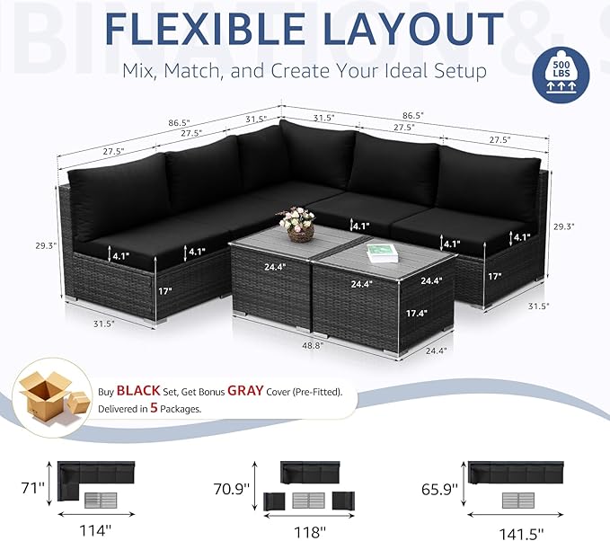 NICESOUL 7 Piece Modern Outdoor Patio Furniture Set, Extra Large Grey Wicker Patio Modular Conversations with Tables, All-Weather Deep Sofa Couches for Backyard Deck, 2 Color Cushion Black & Gray NICESOUL