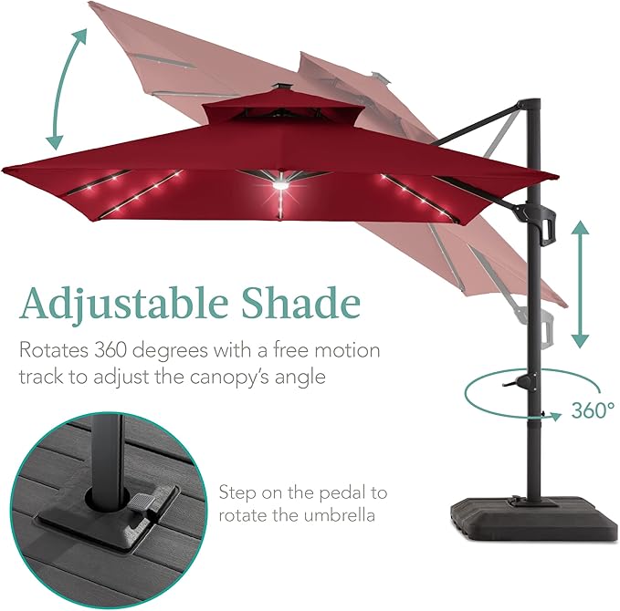 Best Choice Products 10x10ft Cantilever Patio Umbrella w/Base Included, Solar LED Lights 360 Rotation Large Offset Hanging Outdoor Shade for Deck Pool Backyard w/Stand – Burgundy BestChoiceProducts