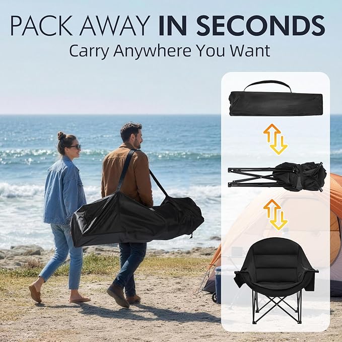 Oversized Camping Chair for Adults - Heavy Duty Outdoor Padded Large Lawn Camp Chair with Cup Holder Cooler Pockets for Sports Beach Fishing Garden Portable Supports 500lbs, AllBlack 2 Pack PUVASIA