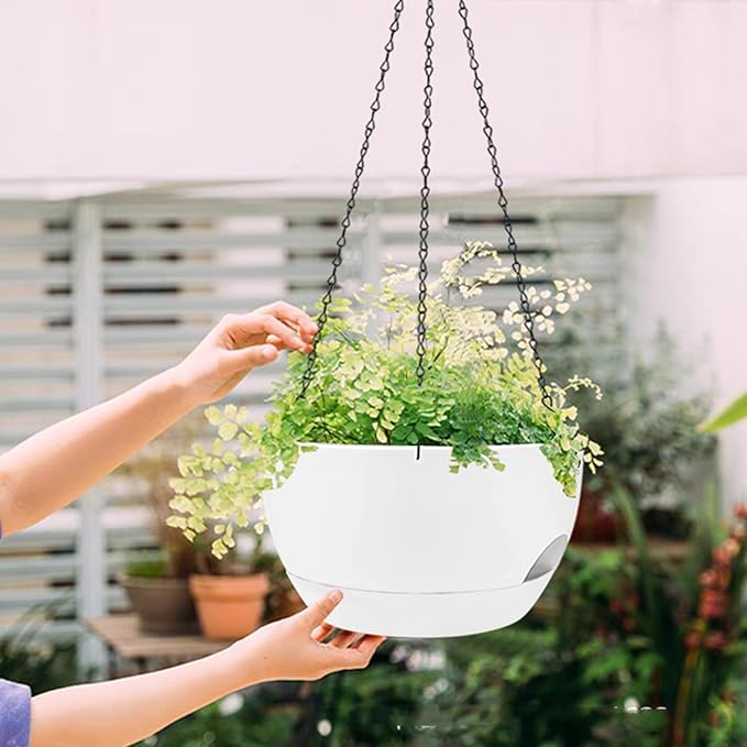 2 Pack Hanging Planters for Indoor Outdoor Plants, 12Inch Self Watering Hanging Pot with Drainage Holes and Saucer, Plastic Plant Pots, White Flower Pots for Kitchen, Balcony, Garden Rootora