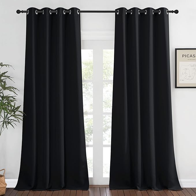 NICETOWN Blackout Black Curtain & Drape 90 inches Long - Grommet Thermal Insulated Blackout Drape Light Blinds Room Darkening Window Treatment for Bedroom (1 Panel, W52 x L90, Black) NICETOWN