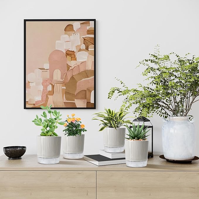 Self Watering Pots for Indoor Plants, 5 & 4 Inch Stylish Flower Pots, Set of 4 Modern Planters with Self Watering Plant Feature (Black Stripes) Etvski