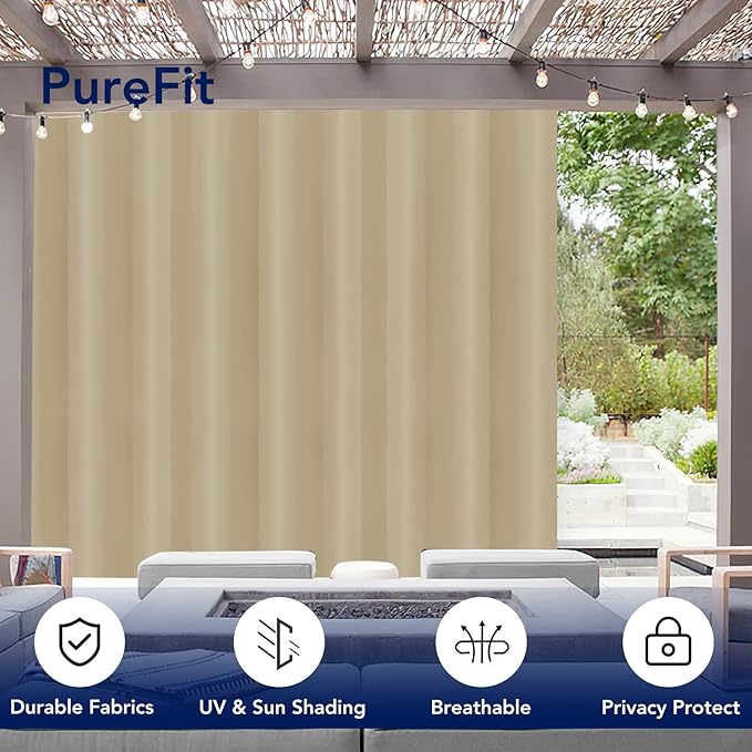 PureFit Outdoor Curtains for Patio Waterproof Weatherproof, UV Resistant Outside Curtains for Gazebo, Front Porch, Pergola, Sun Blocking Privacy Curtain, 120W x 84L inch, 1 Panel, Beige PureFit