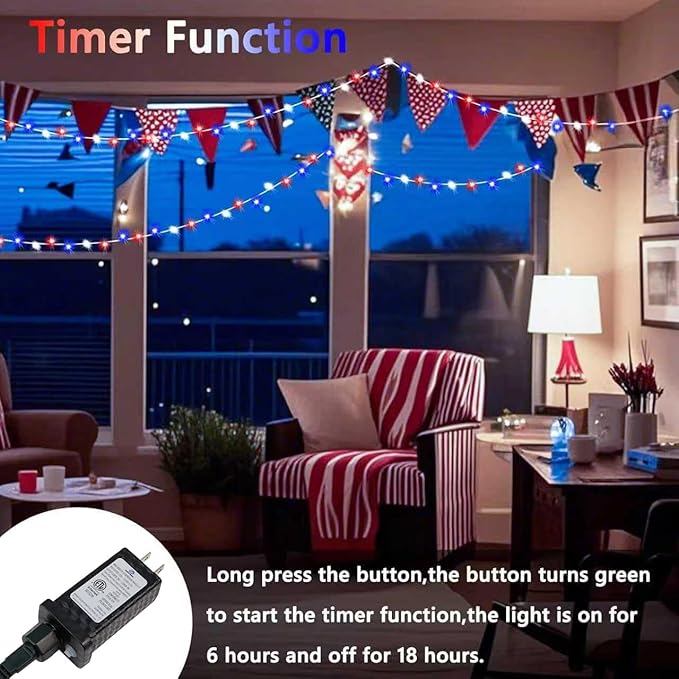 4th of July Decorations Red White and Blue Lights, 200 LED 66FT String Light Plug-in, 8 Modes 4th of July Lights for Indoor Outdoor Independence Day Memorial Day American Flag Patriotic Holiday Decor SANJICHA