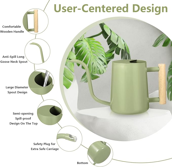 Watering Can Indoor Plants, 35oz Small Indoor Stainless Steel Metal Watering Can Modern Decorative Watering Pot with Long Spout for Indoor House Plant Bonsai Garden Flowers (Sage Green) GUKJOB