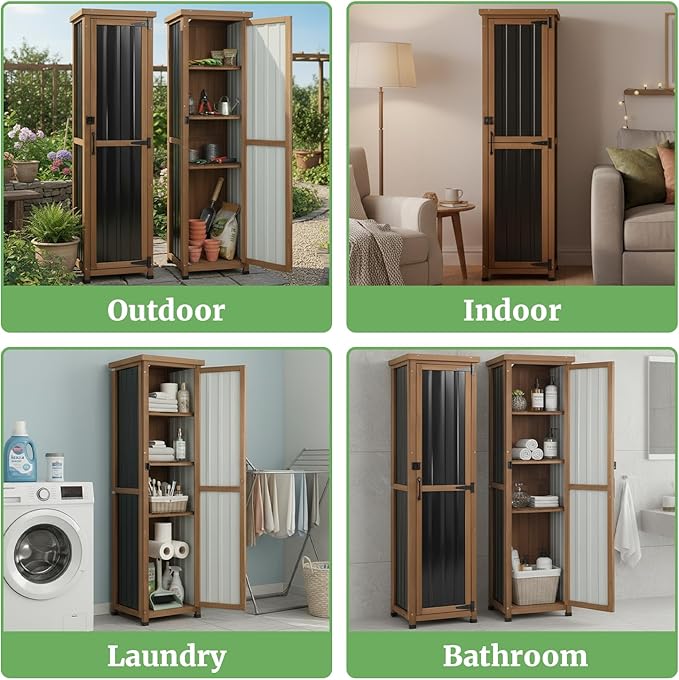 62" H Tall Narrow Outdoor Storage Cabinet with Metal Top, Outdoor Shed Storage Unit Waterproof with Adjustable Shelves for Garden, Patio, Living Room, or Entryway Storage, Black PETSCOSSET