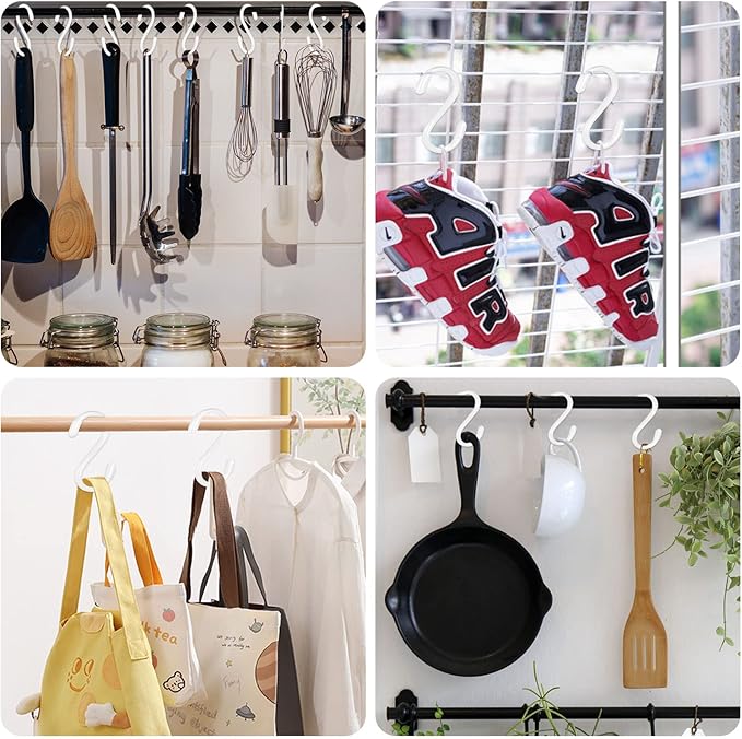 20 Pack Vinyl Coated S Hooks for Hanging,Heavy Duty S Hook for Hanging Plants,Non Slip 3 Inch Closet S Hooks,Steel Metal White Vinyl Coated Small Hook for Jeans Pots and Pans Coffee Cups DINGEEUtilityHook