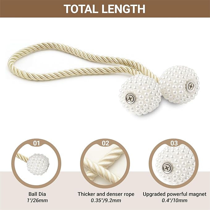 Hion Magnetic Curtain Tiebacks Beige 2pcs, Curtain Tiebacks Buckles Holdbacks Holders Hooks Clip for Home Bedroom Office Decorative Curtain Hion