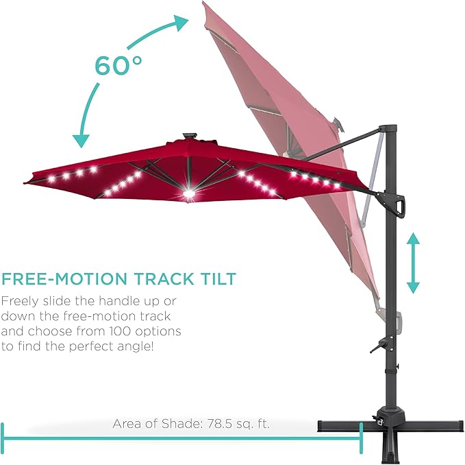 Best Choice Products 10ft Solar LED Cantilever Patio Umbrella, 360-Degree Rotation Hanging Offset Market Outdoor Sun Shade for Backyard, Deck, Poolside w/Lights, Easy Tilt, Cross Base BestChoiceProducts