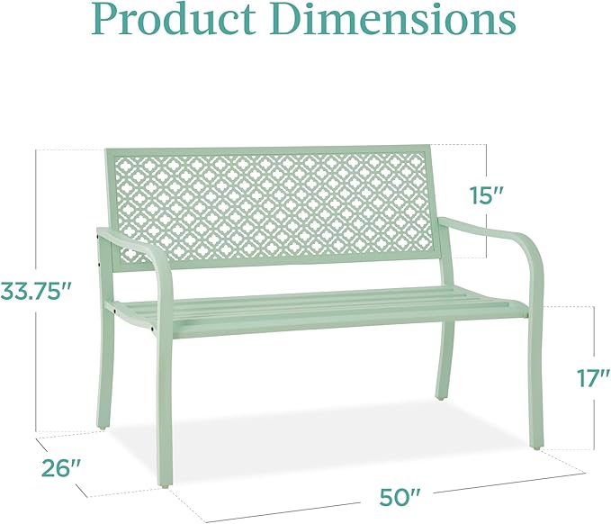 Best Choice Products Outdoor Bench 2-Person Metal Steel Benches Furniture for Garden, Patio, Porch, Entryway w/Geometric Backrest, 790lb Capacity - Mint Green BestChoiceProducts