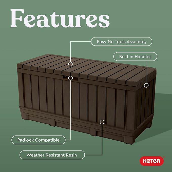 Keter Kentwood 92 Gallon Resin Deck Box-Organization and Storage for Patio Furniture Outdoor Cushions, Throw Pillows, Garden Tools and Pool Floats, Brown Keter