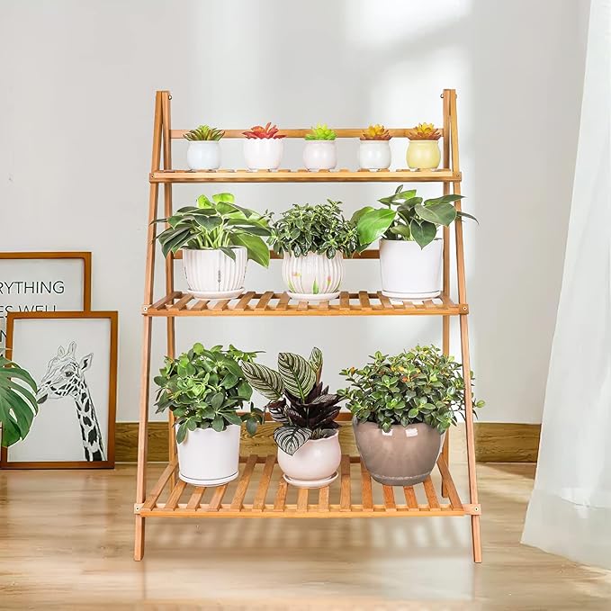 Ufine Bamboo Ladder Plant Stand 3 Tier Foldable Flower Pot Display Shelf Rack for Indoor Outdoor Home Patio Lawn Garden Balcony Organizer Planter Holder Ufine