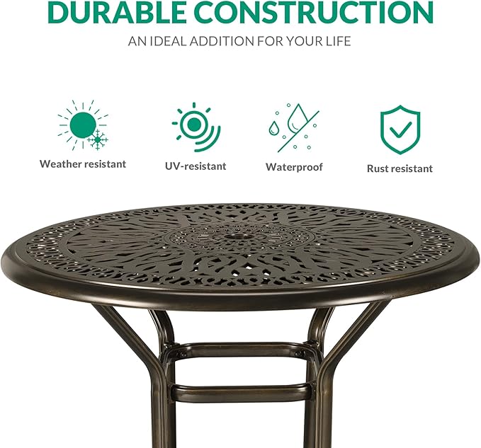 VIVIJASON 3-Piece Patio Swivel Bar Stools Set, All Weather Outdoor Cast Aluminum Bar Height Bistro Set with 2 Cushioned Bar Chairs & 35.4" High Bar Table w/Umbrella Hole for Backyard, Lawn, Garden VIVIJASON