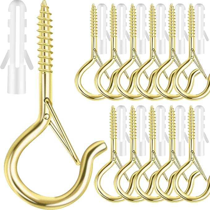 12 PCS Q-Hanger Hooks, Screw Hooks for Outdoor String Lights, Safety Buckle Design Cup Eye Hook for Hanging Christmas Lights, Plants, Wind Chimes, Mounted on Wall Ceiling, Windproof, Gold FSAH