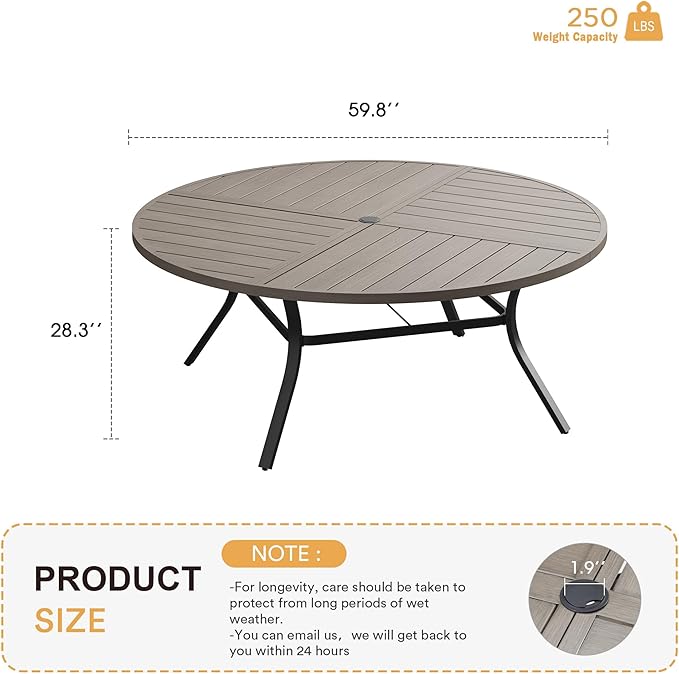 VICLLAX Round Patio Table with Adjustable Umbrella Hole for 8, All Weather Metal Outdoor Dining Table for Lawn Garden, 59.8" Outdoor Coffee Table, Grey Wood-Like Tabletop HOME