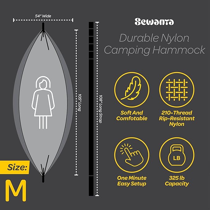 Durable Hammock 400 lb Capacity, Nylon Camping Hammock Chair - Double or Single Sizes w/Tree Straps and Attached Carry Bag - for Travel/Backpacking/Beach/Backyard (Medium, Black & Light Grey) Sewanta