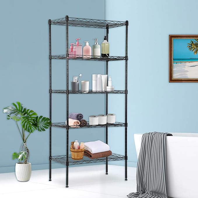BestOffice | 5-Tier Wire Storage Shelves | 22x12x48 | Black | with Adjustable Racks | Heavy-Duty Metal Shelf, Holds Upto 750 lbs | No-Tool Assembly | Ideal for Home & Garage Shelving BestOffice