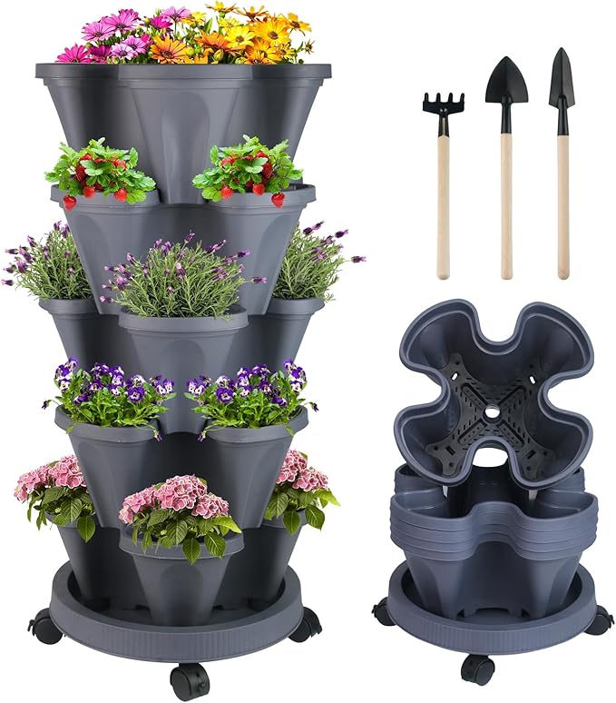 DUNCHATY Stackable Planter, Dark Gray, 5-Tier Garden Tower with Wheels, Self-Watering, Polypropylene Plastic, Indoor/Outdoor Use DUNCHATY