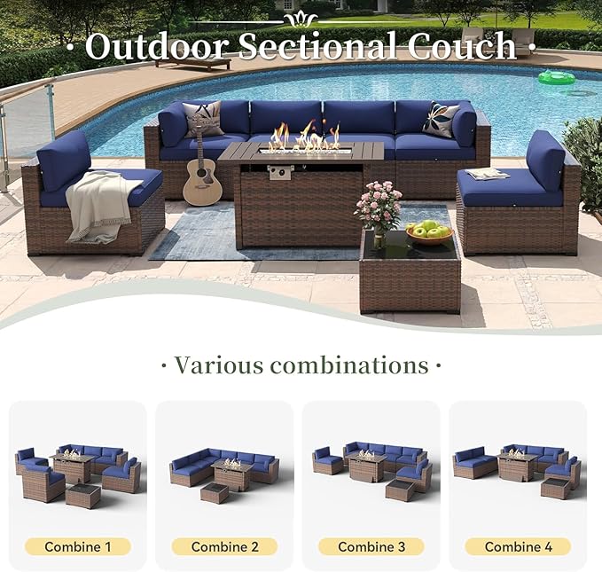 Aoxun 8-Piece Outdoor Patio Furniture Set - 44” Fire Pit Table, Durable Wicker Rattan Sectional Sofa with Coffee Table, Comfy Thickened Cushions, Blue (Waterproof Cover Included) Aoxun