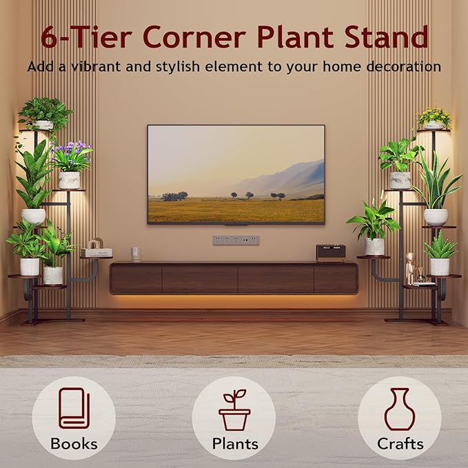 Corner Plant Stand with Grow Light - 6 Tier Plant Stand Indoor Round Metal Plant Shelf with Adjustable Light, Plant Organizer for Living Room, Graden, Home Decor (Brown) Homsorout