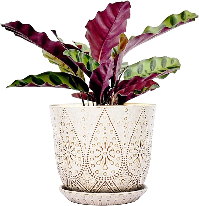 Gepege 8 Inch Plant Pot, Creamy White Ceramic Planter with Drainage Holes and Saucers for Plants Indoor and Outdoor Flower Pot Gepege
