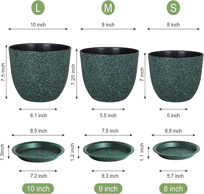 Plant Pots 10/9/8 inch, Set of 3 Modern Decorative Plastic Planters with Drainage Holes and Saucers for Garden House Plants, Flower Pots for Indoor Outdoor Plants, Black with Green Speckles WSMKSZ