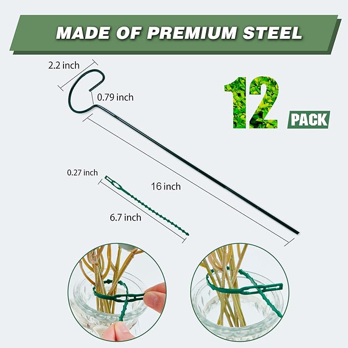 Joyhalo 12 Pack Plant Stakes, 16 Inch Plant Support Stakes, Plant Sticks Support with 24 Twist Ties, Flower Stakes for Plants Peony, Amaryllis, Marigold, Coreopsis, Tomato Seedling, Sapling Etc Joyhalo