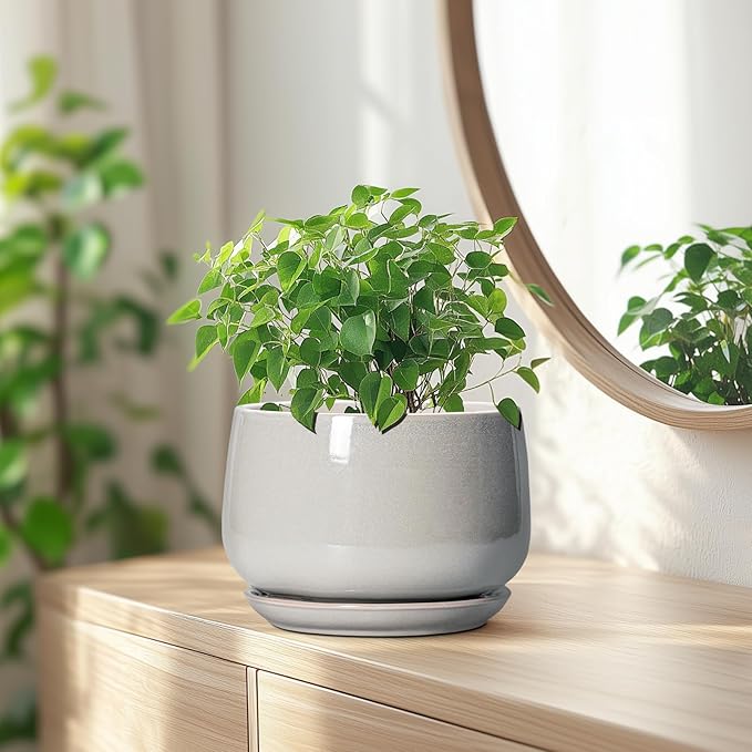 G EPGardening Ceramic Plant Pots - 7 Inch Plant Pot with Drainage and Saucer, Ceramic Planters for Indoor Outdoor Plants, Modern Round Planter, Room Decor, Gardening Gifts for Women Men, Light Grey GEPGardening