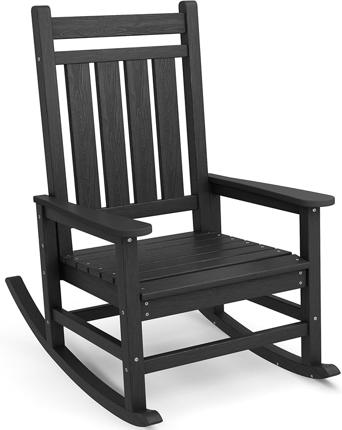 SERWALL Oversized Rocking Chair, Outdoor Rocking Chair for Adults, All Weather Resistant Porch Rocker for Lawn Garden, Black SERWALL