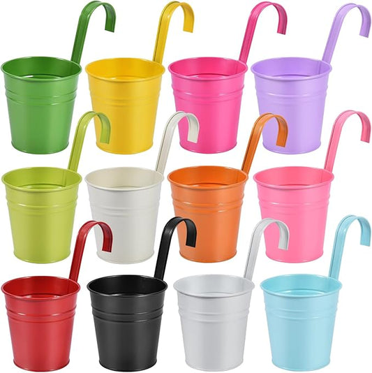 OBTANIM 12 Pack Metal Hanging Flower Pots Railing Planter Outdoor Fence Hanging Bucket Plant Holder with Detachable Hooks Drain Holes for Home Garden Yard Decor (Mixed Color, 4 x 4 Inch) OBTANIM