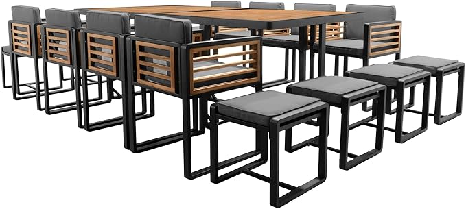Merax 18 Pieces Outdoor Dining Set for 16 People, Acacia Wood Patio Furniture Sets with 2 Square Tables, 8 Cushioned Chairs and 8 Ottomans for Backyard, Garden, Lawn, Poolside, Gray Merax
