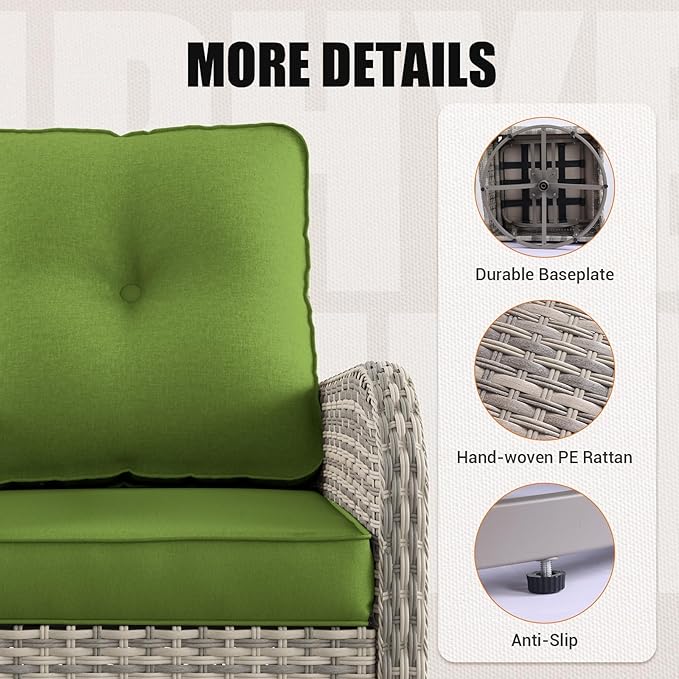 16-Piece Outdoor Patio Furniture Set with Rocking Swivel Chair, PE Wicker Rattan Sectional Sofa Patio Conversation Set with 55,000 BTU Fire Pit Table & Coffee Table, LAvocado Green MuphyersPatioFurniture